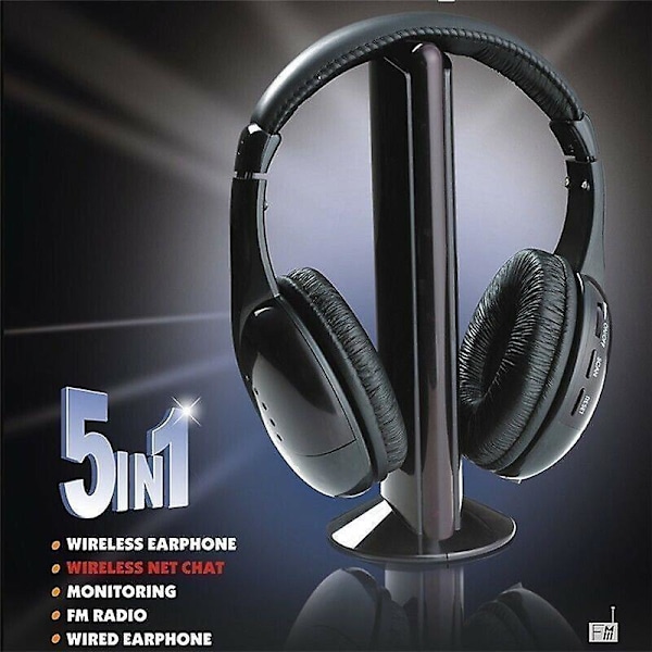 5 i 1 Hi-fi Trådløst Headset Hovedtelefon Øretelefon Til FM Radio Tv Dvd Mp3 Pc