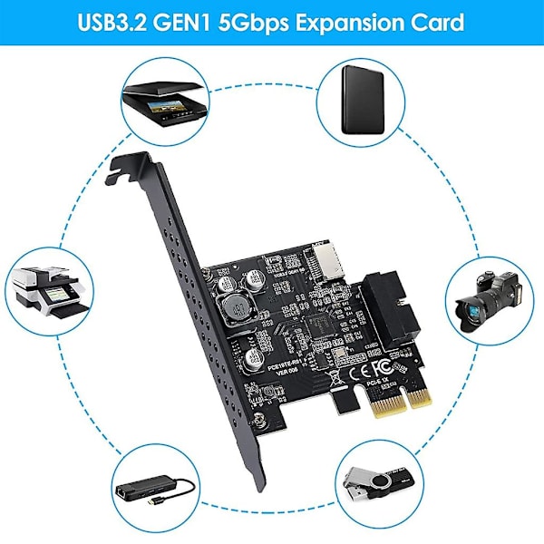 Pci-e 1x till Usb3.2 A-nyckel expansionskort, 5gbps typ-e intern 20p frontpanel