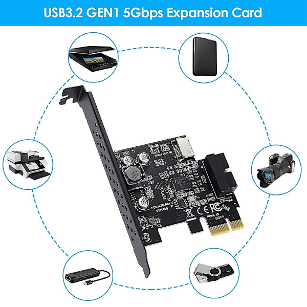 Pci-e 1x USB3.2 A-avainlaajennuskortti, 5gbps tyyppi-e sisäinen 20p etupaneeli