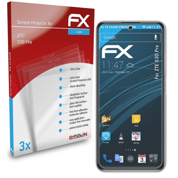 atFoliX 3x beskyttelsesfolie kompatibel med ZTE S30 Pro Displaybeskyttelsesfolie klar