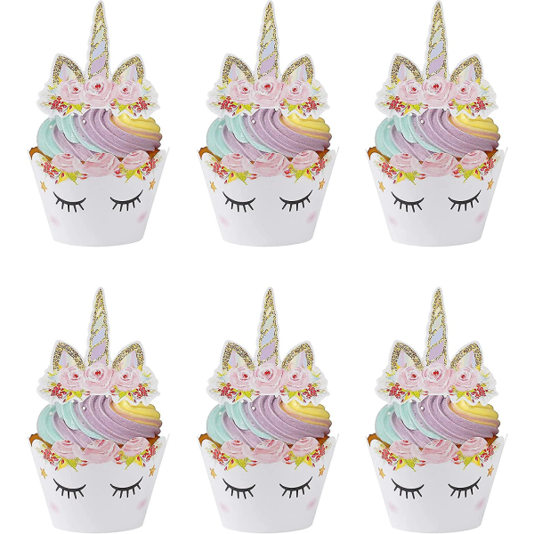 Enhörnings tårtdekoration Cupcake Toppers Wrappers för barn födelsedag Baby Shower födelsedagsfest bröllop 24 stycken