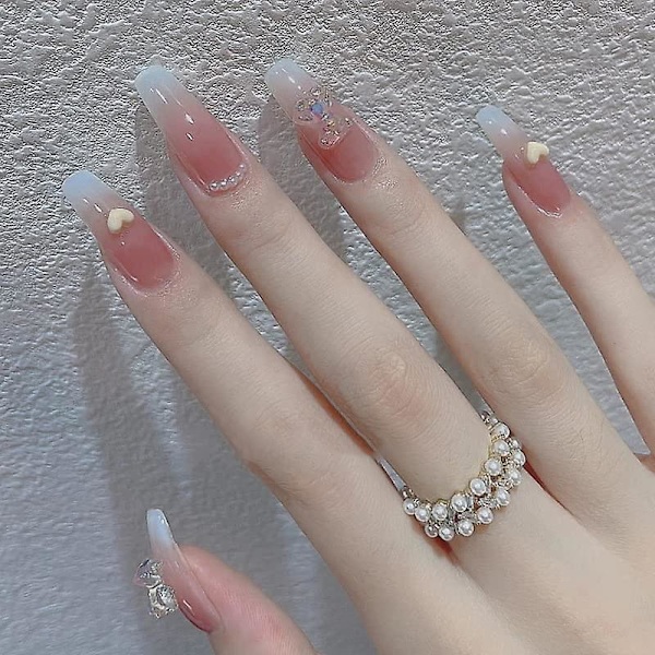 24 st pärlgelé falska naglar, söta 3d aurora kristallbjörn hjärta tryck på naglar bling glänsande gradient rosa falska naglar kärlek dejting fingertoppar