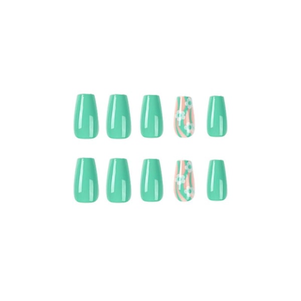 24-pack kvinnors pressade naglar falska långa linjer gröna vågblommor Färgmatchande vågiga nail art gör-det-själv-manikyrverktyg Heltäckande nagelklistermärken