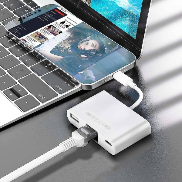 Lyn til Ethernet/USB-A/USB-C Adapter, Kompakt, Plug and Play, Hvid