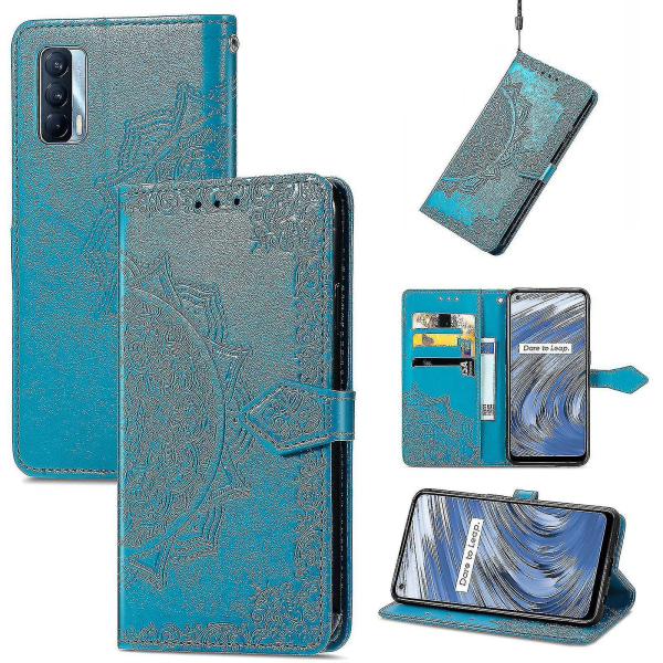 Realme V15 5g veske Lær lommebokdeksel Emboss Mandala Magnetic Flip Protection Støtsikker - Blå