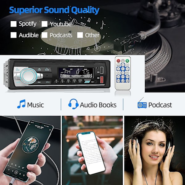 Auton äänentoisto Mp3-soitin USB-laturi Autoradion Subwoofer 1 Din Auton Bluetooth Mp3-soitin