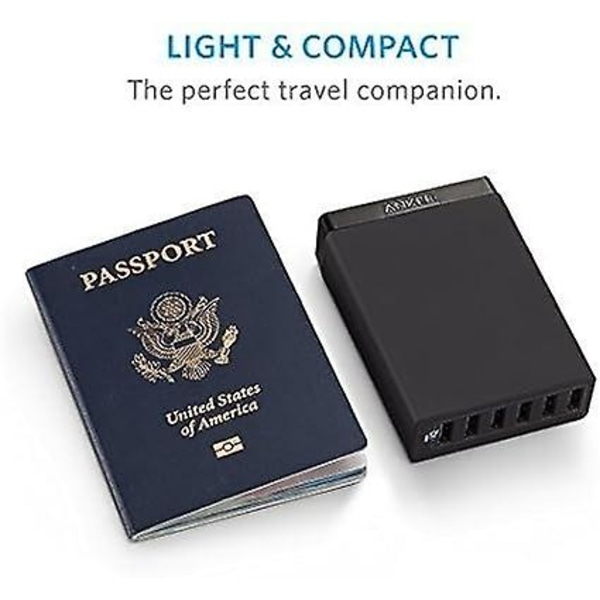 6-porters 60W USB-nettlader - Vegglader med PowerIQ-teknologi, Reiseadapter for smarttelefoner