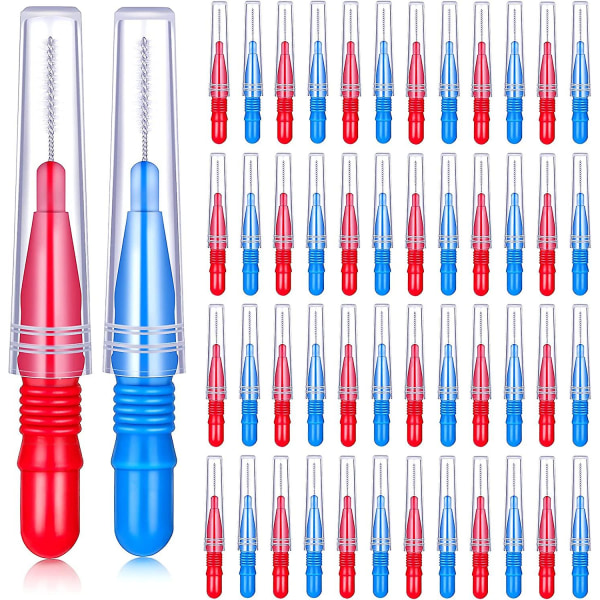 50 styks seler børste til renere interdentalbørste Tandstikker Tandtandtrådshoved Mundtandhygiejne (rød, blå)