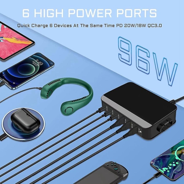 6-port USB C ladestation, multiport med 3 USB-C+3 USB-A, bærbar hurtigopladerhub til , 14, E