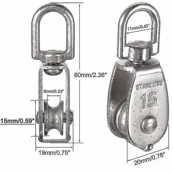 M15 304 ruostumaton teräs yksipyöräinen - 15 mm lohkorulla kääntyvällä koukulla, 77 lbs/35 kg kuorma (6 kpl)