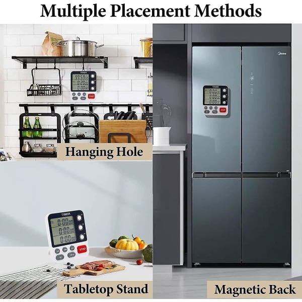 Digitaalinen 3-kanavainen keittiöajastin Useita ylös-/alaslaskuajastinta Kolmoistimerit Suurella näytöllä Kovaääninen hälytys Vilkkuva valo