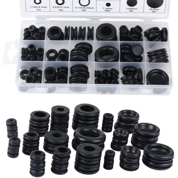 18 størrelser 125 stk svart gummigjennomføring Elektrisk pakningsring sortimentsett Elektrisk gummigjennomføringssett