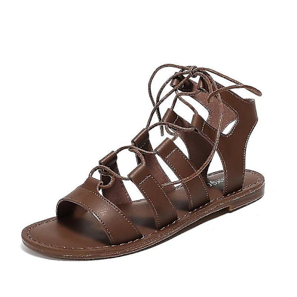 Sandaler til kvinder, sommerflade, behagelige krydsrem, gladiator-flade sko, afslappede strandsandaler brown 2 38