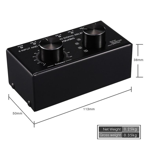 6 Input 1 Output Switcher Audio Source Selection Switcher RCA Audio Input Signal Selector Switch med volumjustering og manu.