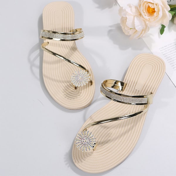 Dame flate sandaler mote rhinestone blomster tøfler peep toe flip flops gold 42