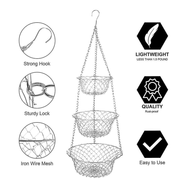 2 kpl 3-kerroksinen hedelmäkori, keittiön kasvissäilytyskori Ketju riippuva tilaa säästävä hedelmä (hopea