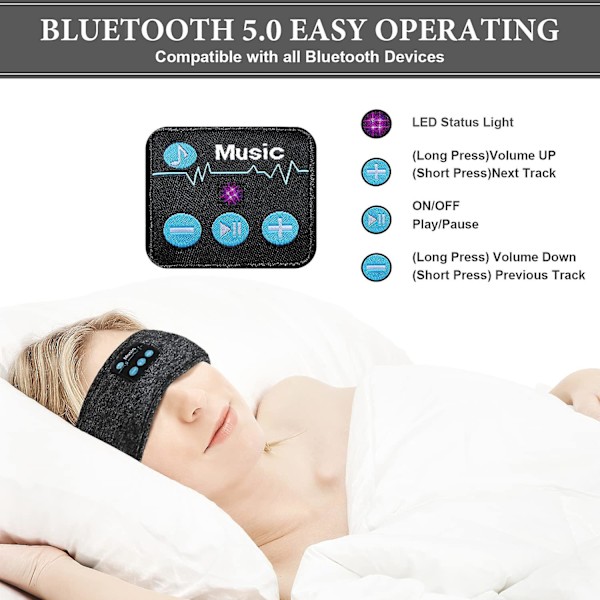 Hörlurar Bluetooth 5.0, Mjuka och andningsbara sovhörlurar, Sovmask med hörlurar, Beat Band-hörlurar Hd-stereohögtalare för träning,