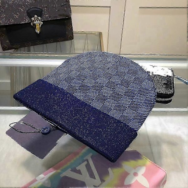 Ny ankomst Designer Letter Trykt Sjakkbrett Vinterlue Myk Varmt Strikket Beanie Hater-Utmærket blue