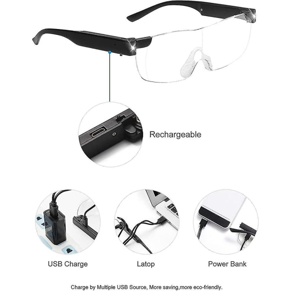 Forstørrelsesbriller med lys, 160 % forstørrelsesglas med oplyste briller, genopladelig Led Heilwiy-gave