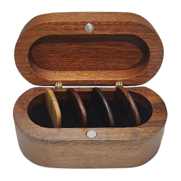 Gitarrplektrums hållare set med 4 träplektrum, naturlig minnessak trä gitarrplektrum displayfodral, mini gitarr