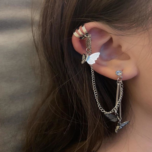 Tassel Øreringe med Rhinesten til Sommerfugl Øremanchet Draperede Kæde Stud Ørestik