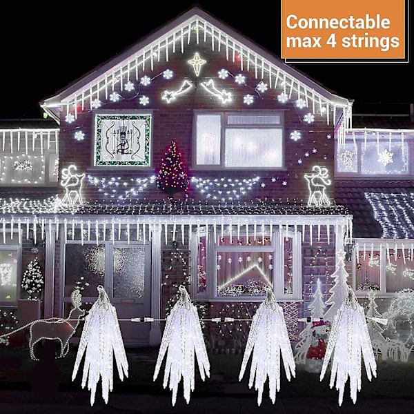 Julelyskjeder med istapper til utendørs bruk, 13 fot/4 m 90 LED-istapplys med 16 istapper, 8 moduser koblingsbare julelys med strømforsyning for utendørs takskjegg Xm
