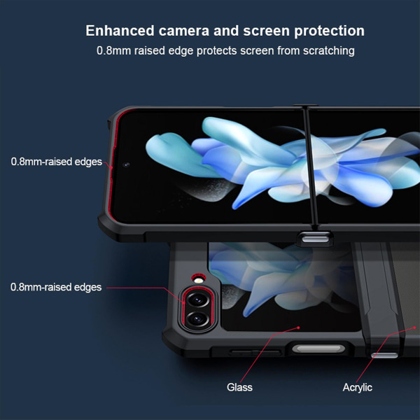 Case on yhteensopiva Samsung Galaxy Z Flip 5:n kanssa, kova PC+pehmeä TPU, neljä kulmaa iskunkestävä cover ulkoisella näytönsuojalla