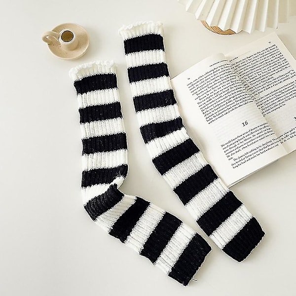 1 Par Leg Warmers Knæhøye Svart Hvit Stripe Strikket Elastisk Supermyk Hold Varme Kontrastfarge Høst Vinter Kvinner Støvletter Strømper For Utendørs Qi