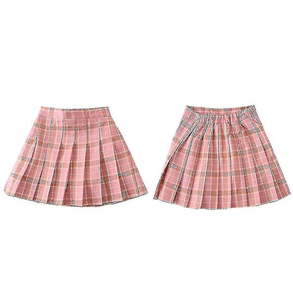 Tyttöjen korkeavyötäröinen laskostettu vetoketjullinen tennistyylinen luistelijahame (lapsille) pink plaid 140cm  9-10 years