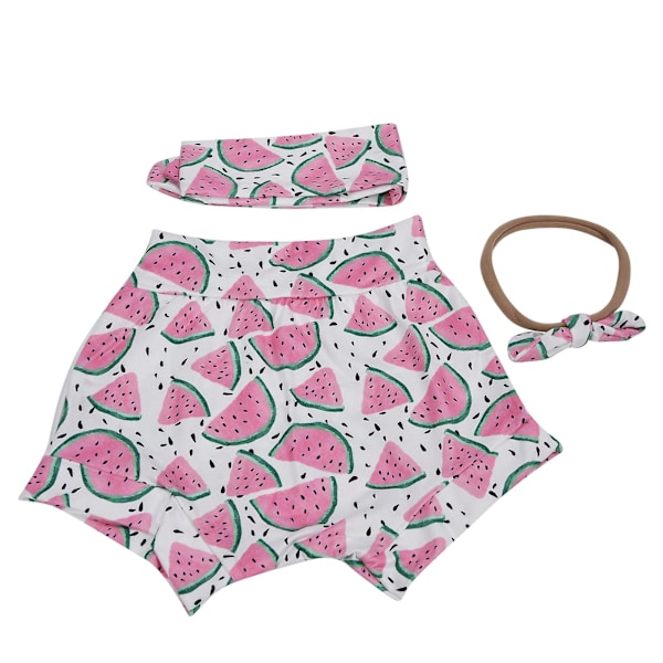 Babyjente sommerklær shorts sett med elastisk bunn, rosa hårbånd, vannmelontrykk - 100cm