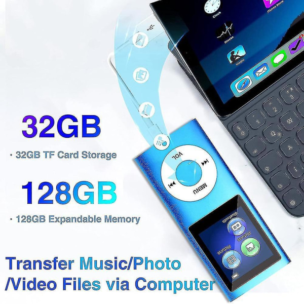 Mp3-afspiller med Bluetooth 5.0, musikafspiller med 32gb Tf-kort, FM, hovedtelefoner, bærbar hifi-musikafspiller