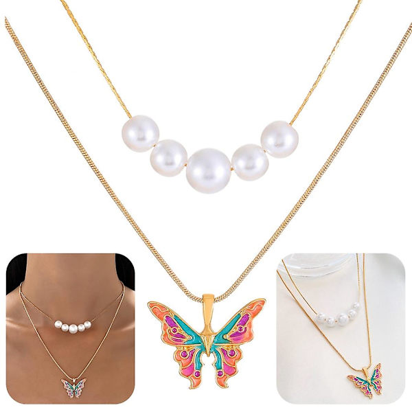 Utterfly anheng halskjede dobbelt lag perle choker statement kragebeinkjede