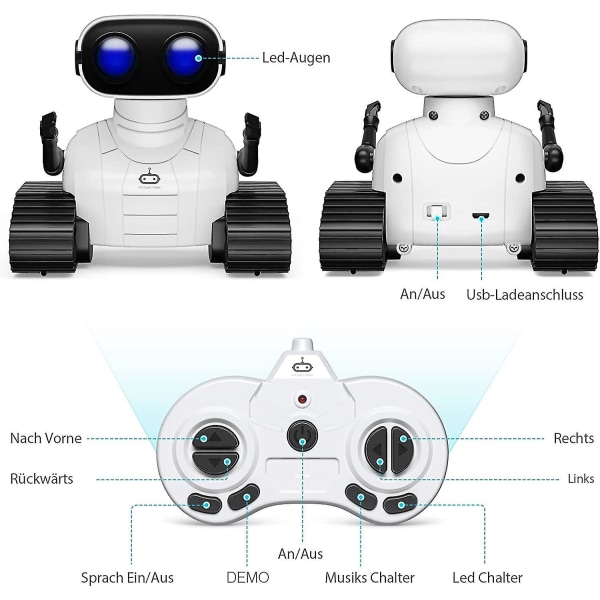 Robotleksak för barn, uppladdningsbar fjärrstyrd robotleksak med LED-ögon, musik och intressanta ljud för åldrarna 3 till 8, presenter till pojkar och flickor - vit