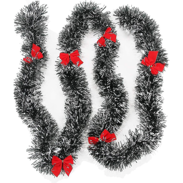 Juleglitter kransdekor, mørkegrønn snøhvit tips krans med røde sløyfer, julefest juletredekorasjon, 2 stykker/sett, 6,5 fot/stykke