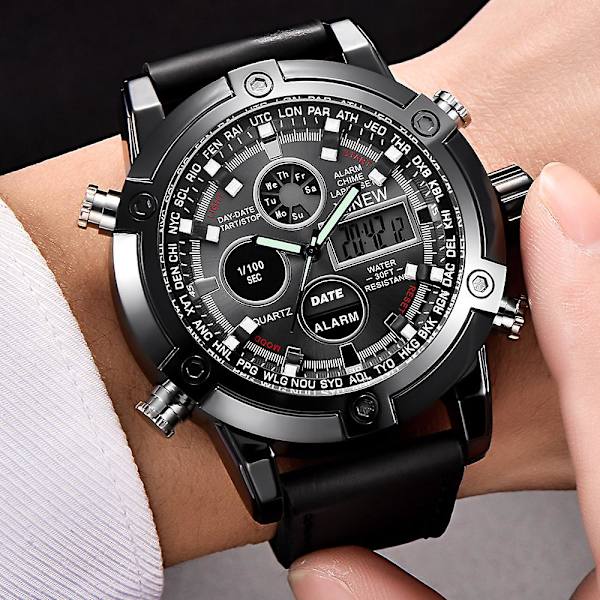 Luksus Dual Movt Herre Læder Quarz Analog Digital Led Sport Armbåndsur