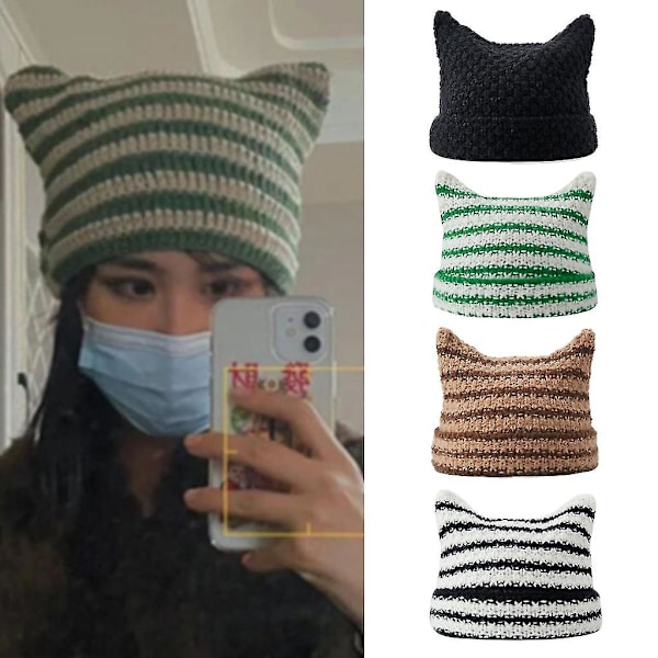 Paholaisen sarvihattu Pieni paholaisen hattu Kissan korva Myssy Skullies Myssy Raidallinen neulottu hattu green stripes