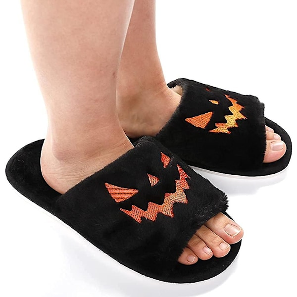 Halloween Spøgelses Slides/Halloween Græskar Tøfler Bløde Plys Hyggelige Åbne Tæer Kvinder Indendørs Udendørs Fuzzy Tøfler Unisex black eur40