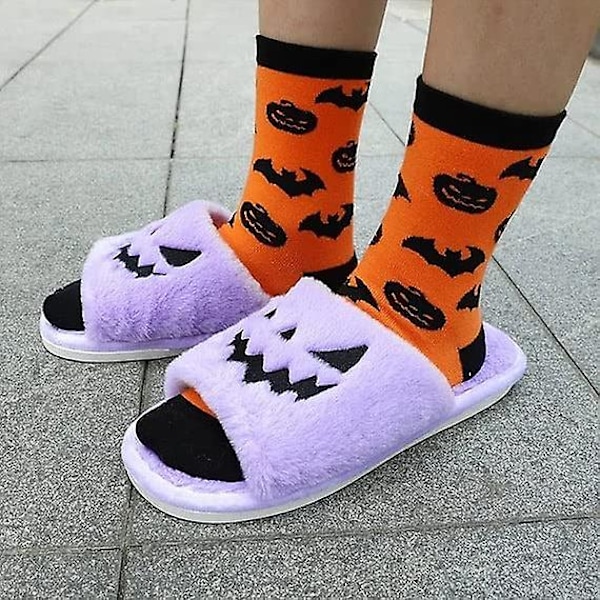 Halloween Spöklika Slides/halloween Pumpa Tofflor Mjuka Plysch Mysiga Öppna Tår Kvinnor Inomhus Utomhus Fuzzy Tofflor Unisex purple eur35