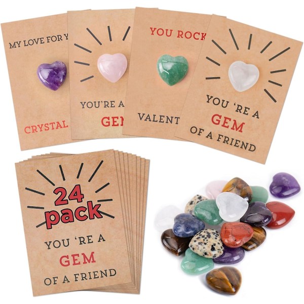 24-pack alla hjärtans kort med hjärtformade kristaller sten, alla hjärtans kort för barn klassrum, alla hjärtans byteskort present till festfavoriter