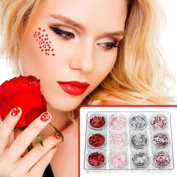 12 bokser med Valentinsdag Hjerteformet Glitter Nail Art Farge Blandet hjerteform