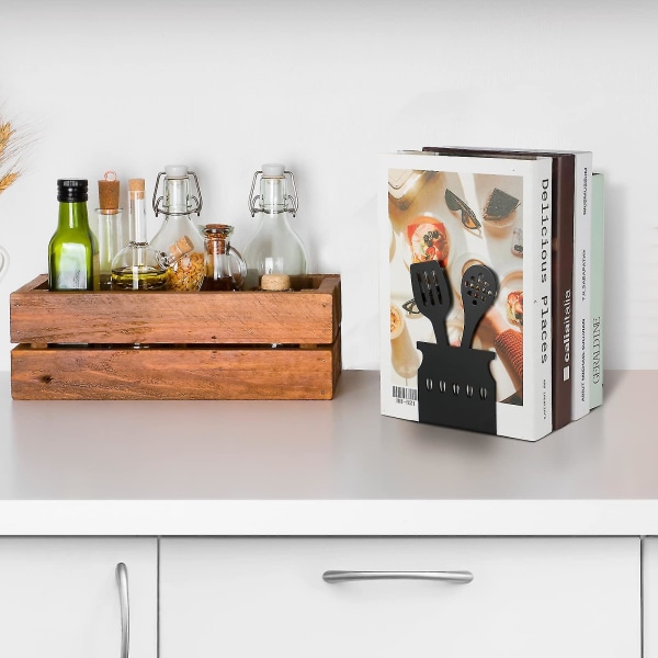Svarte kokebok-bokstøtter 5,9 X 3,9 X 3,9 tommer dekorativt kjøkken i metallbokslutter med sklisikker matte Kokebokoppbevaringsbøker Kjøkkenkokebokholder