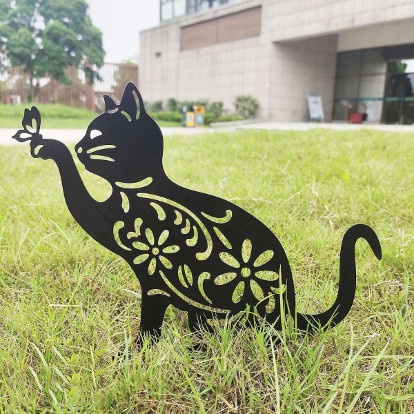 Utendørs smijern katt og sommerfugl stil plug-in hage dekorasjon ornamenter