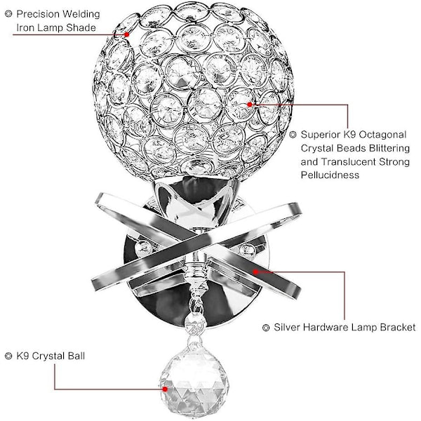 Moderne krystal væglampe pendellampe krom finish soveværelse væglampe belysningsarmatur med trækledningsswitch, E14 fatning (sfærisk)