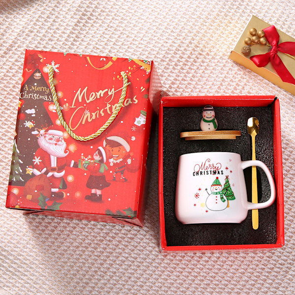 Kreativ Julekopp i Keramikk med Lopp og Skje, Tegneserie Julenissen Gavekopp Gavesett christmas wishing tree gift box 301-400ml