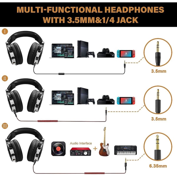 Kabelanslutna hörlurar Studio Monitor & Mixing Dj Stereo Headset med 50 mm neodym-drivrutiner och 1/4 till 3,5 mm ljuduttag för förstärkare datorinspelning