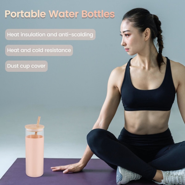 17 oz glassglass Bærbar vannflaske i glass Halm Silikon Beskyttelseshylse Bambuslokk-rosa