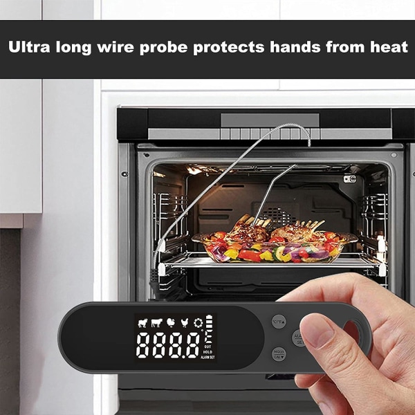 Kjøtttermometer - 2 i 1 - Digital øyeblikkelig avlesning - Vanntett - Med kablet sonde - For kjøkken, ovn