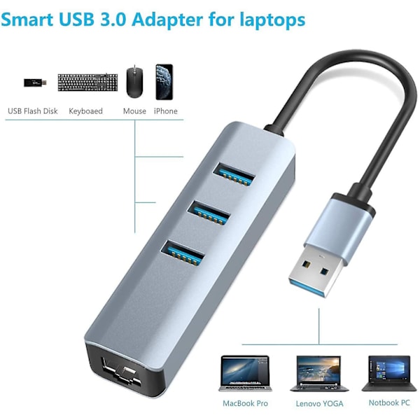 Usb 3.0 till Ethernet-adapter, 3-portars Usb 3.0-hubb med Rj45 10/100/1000 Gigabit Ethernet-adapter Stödjer Windows 10,8.1,mac Os, Surface Pro,linux,chrome