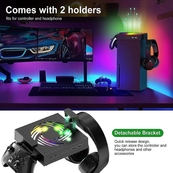 Kjølevifte for Xbox Series X-konsoll med Rgb LED-lys, 3 gir justerbar viftehastighet, med 2 holdere, Xbox Series X-tilbehør