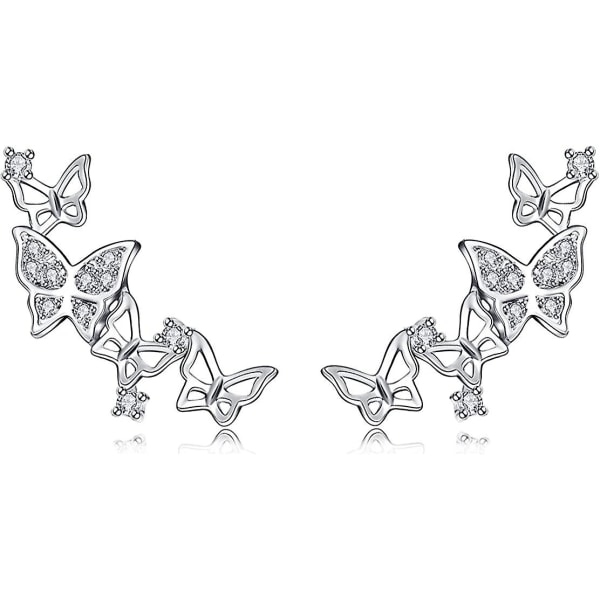 925 Sterling Silver Cubic Zirconia Crystal 3d Butterfly Design Ear Cuff Brudstuds örhängen